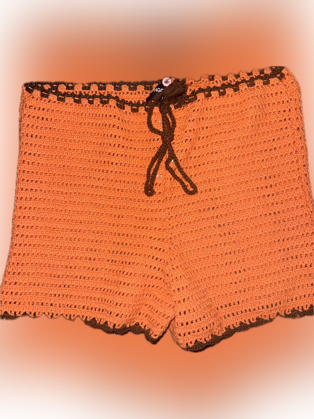 Hand Made Crochet Knit Orange Women's Shorts With Contrast Trim
